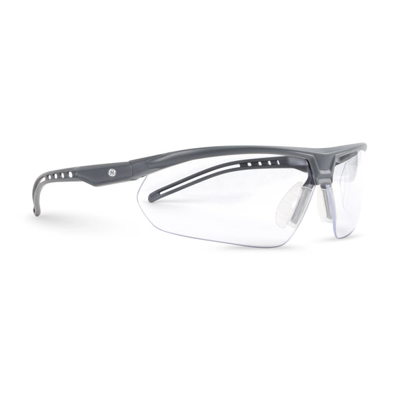 gray, Clear Anti-Fog | side view of wrap-around safety glasses | Wrap-Around Half-Frame Safety Glasses — GE PPE 08 Series, Anti-Fog, ANSI Z87.1 | GE308CAF