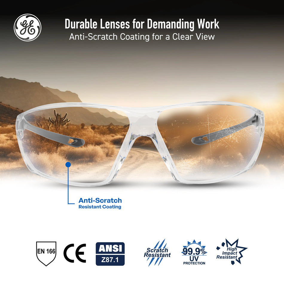 gray, Clear Anti-Scratch | Frameless Safety Glasses — GE PPE 03 Series, ANSI Z87.1 | GE203C