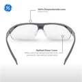 gray, Clear Anti-Scratch | front view showing lens features and specifications | Wrap-Around Half-Frame Safety Glasses — GE PPE 08 Series, Anti-Fog, ANSI Z87.1 | GE308C