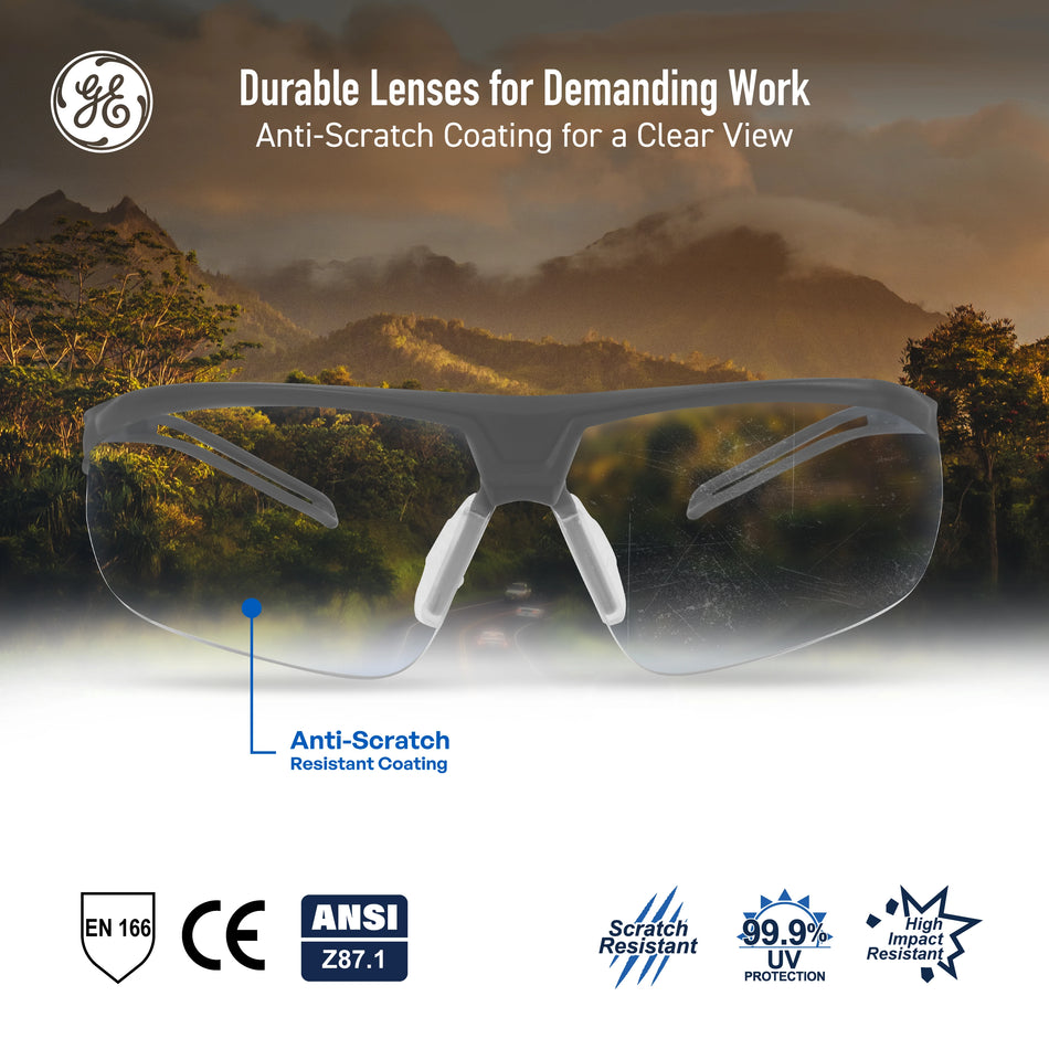 gray, Clear Anti-Scratch | front view with scenic background overlay | Wrap-Around Half-Frame Safety Glasses — GE PPE 08 Series, Anti-Fog, ANSI Z87.1 | GE308C