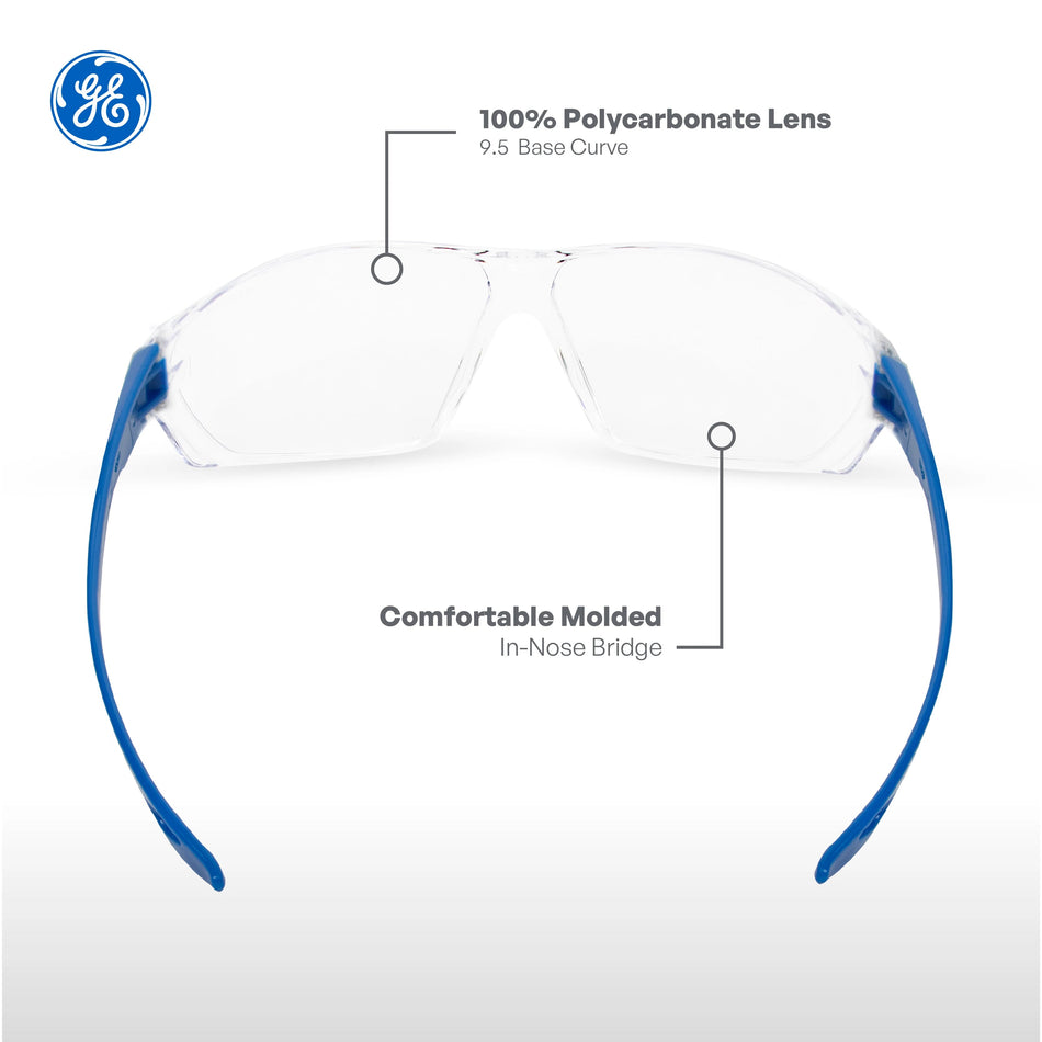 blue, Clear Anti-Scratch | GE 03 Series Frameless Safety Glasses | Frameless Safety Glasses — GE PPE 03 Series, ANSI Z87.1 | GE103C