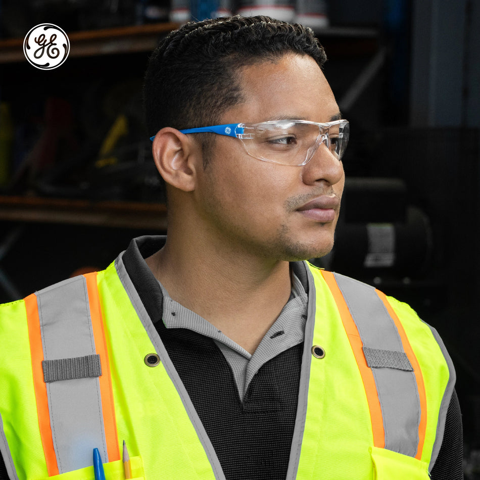 blue, Clear Anti-Scratch | GE 03 Series Frameless Safety Glasses | Frameless Safety Glasses — GE PPE 03 Series, ANSI Z87.1 | GE103C