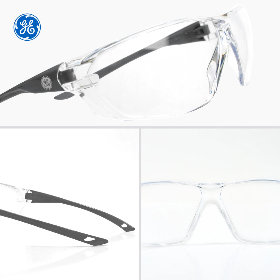 gray, Clear Anti-Scratch | three angle views of frameless glasses | Frameless Safety Glasses — GE PPE 03 Series, ANSI Z87.1 | GE203C