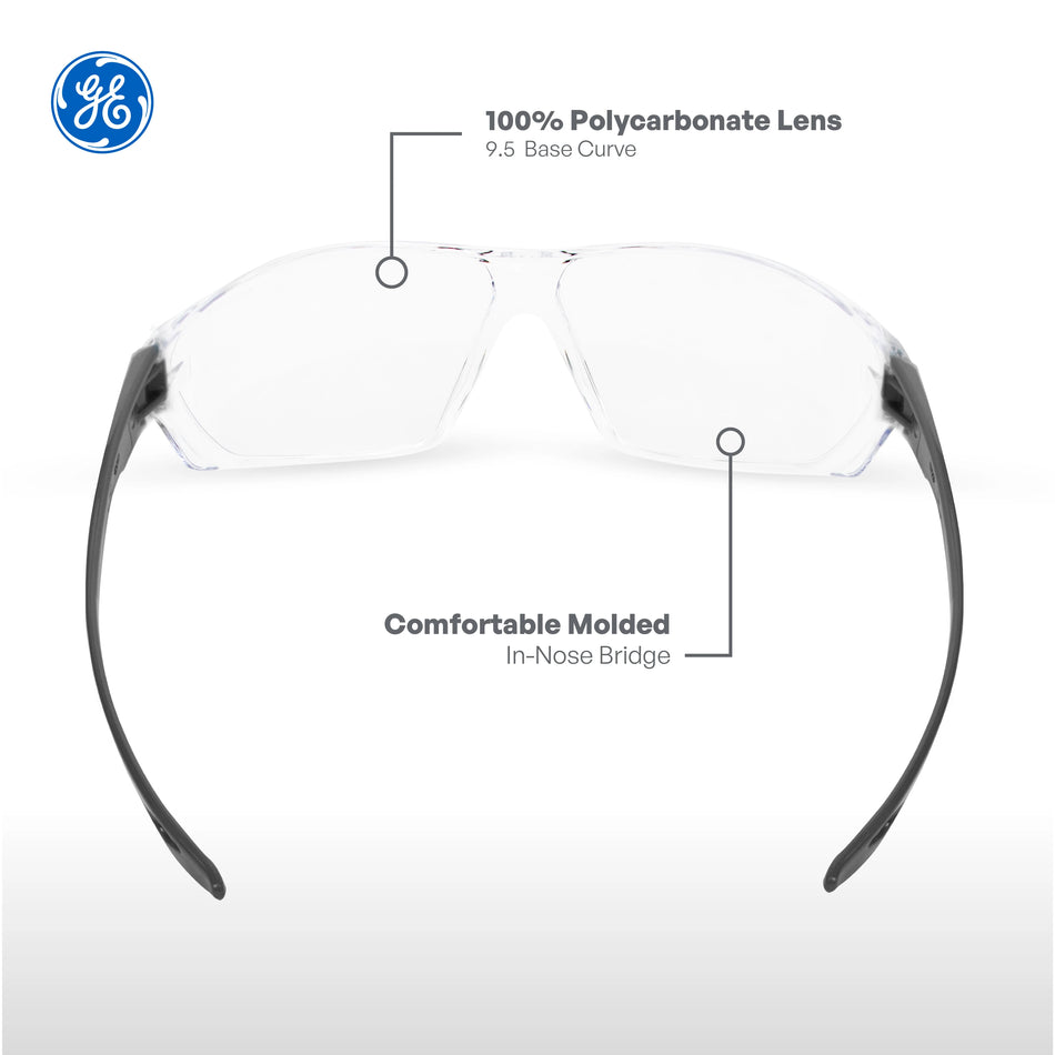 gray, Clear Anti-Scratch | GE 03 Series Frameless Safety Glasses | Frameless Safety Glasses — GE PPE 03 Series, ANSI Z87.1 | GE203C