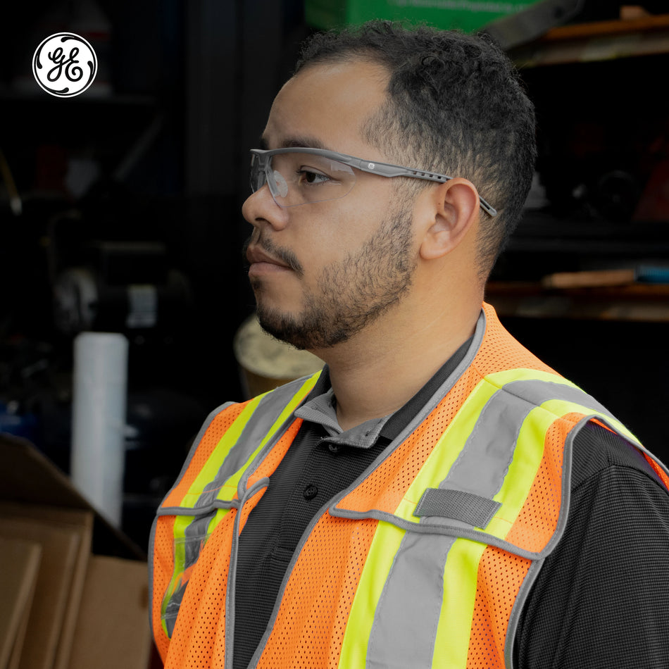 gray, Clear Anti-Scratch | model wearing safety glasses side profile | Wrap-Around Half-Frame Safety Glasses — GE PPE 08 Series, Anti-Fog, ANSI Z87.1 | GE308C