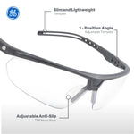 gray, Clear Anti-Scratch | three-quarter view showing adjustable features | Wrap-Around Half-Frame Safety Glasses — GE PPE 08 Series, Anti-Fog, ANSI Z87.1 | GE308C