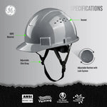 gray | front view with labeled specifications diagram | Vented Cap Style Hard Hat — GE PPE GH326, ANSI Z89.1-2014 Type 1 Class C | GH326G