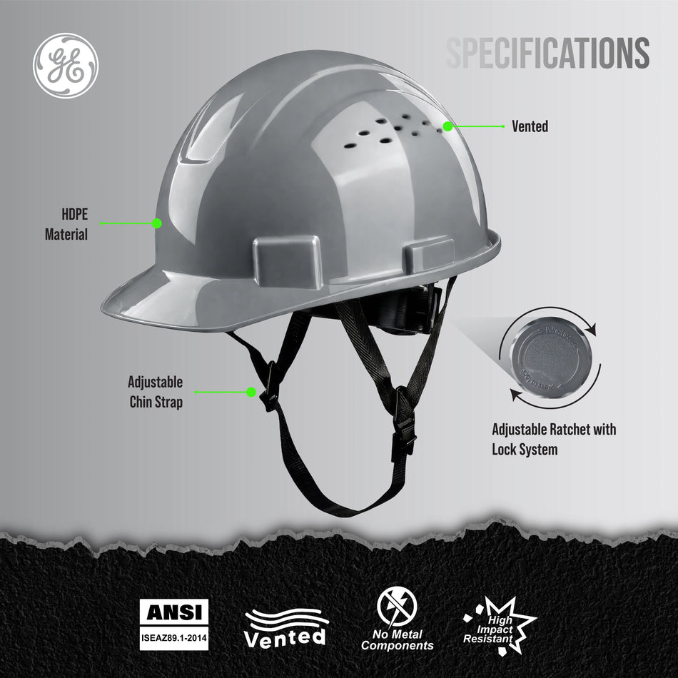 gray | front view with labeled specifications diagram | Vented Cap Style Hard Hat — GE PPE GH326, ANSI Z89.1-2014 Type 1 Class C | GH326G