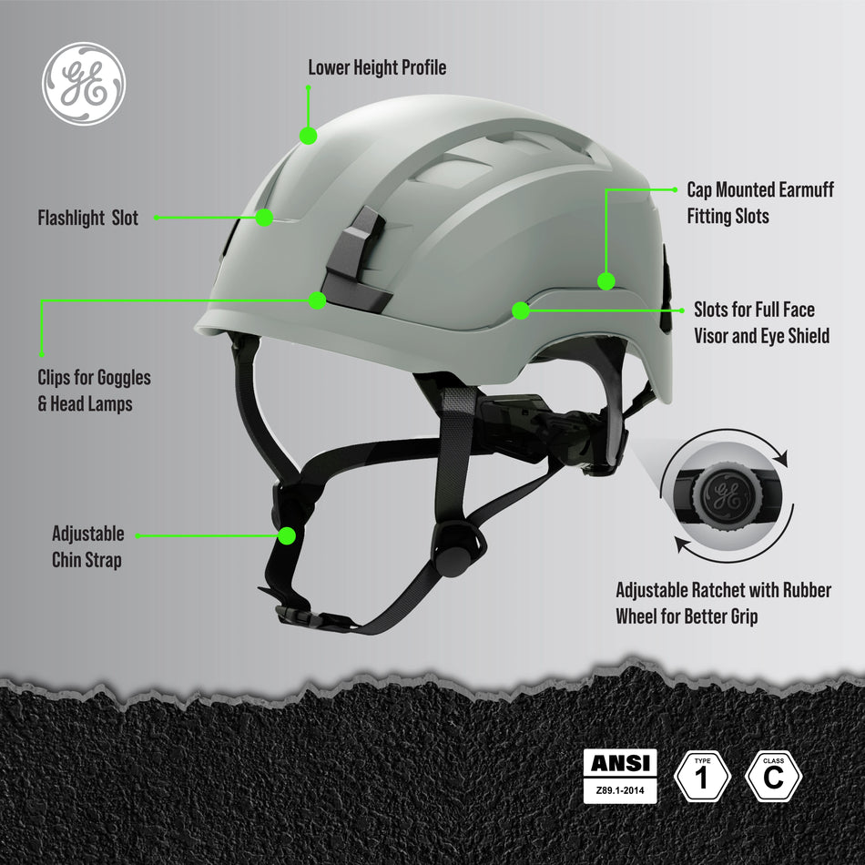 gray, Non-Vented | ANSI Type 1, Class C | Non-Vented Type 1 Safety Helmet with Koroyd — GE PPE GH401, ANSI Z89.1-2014 Class E | GH401G