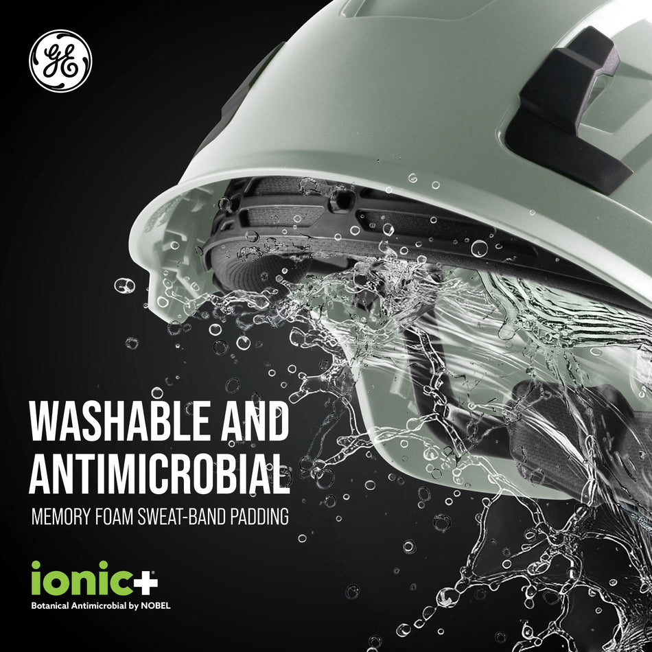 gray, Non-Vented | helmet cross-section with water splash | Non-Vented Type 1 Safety Helmet with Koroyd — GE PPE GH401, ANSI Z89.1-2014 Class E | GH401G