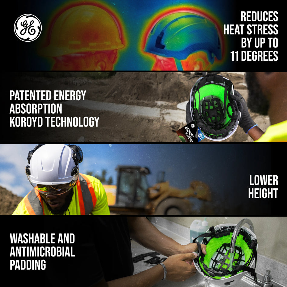 gray, Non-Vented | thermal imaging and product detail views | Non-Vented Type 2 Safety Helmet with Koroyd — GE PPE GH501, ANSI Z89.1-2014 Class E & G | GH501G