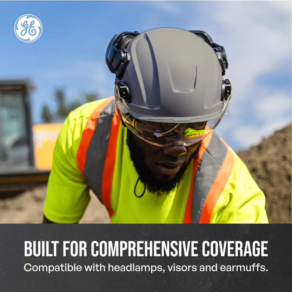 gray, Non-Vented | worker wearing helmet on construction site | Non-Vented Type 2 Safety Helmet with Koroyd — GE PPE GH501, ANSI Z89.1-2014 Class E & G | GH501G