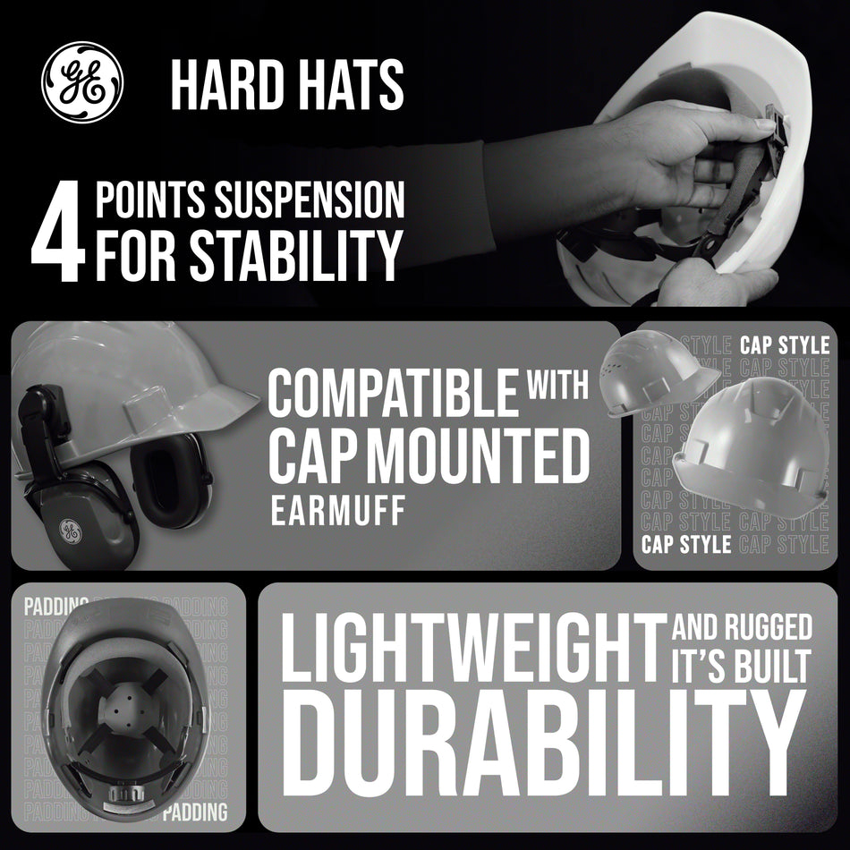 gray | product features and suspension system details | Vented Cap Style Hard Hat — GE PPE GH326, ANSI Z89.1-2014 Type 1 Class C | GH326G