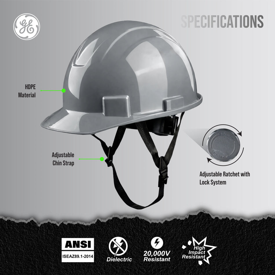 gray | three-quarter view with labeled features | Cap Style Hard Hat — GE PPE GH327, ANSI Z89.1-2014 Type 1 Class E Dielectric | GH327G