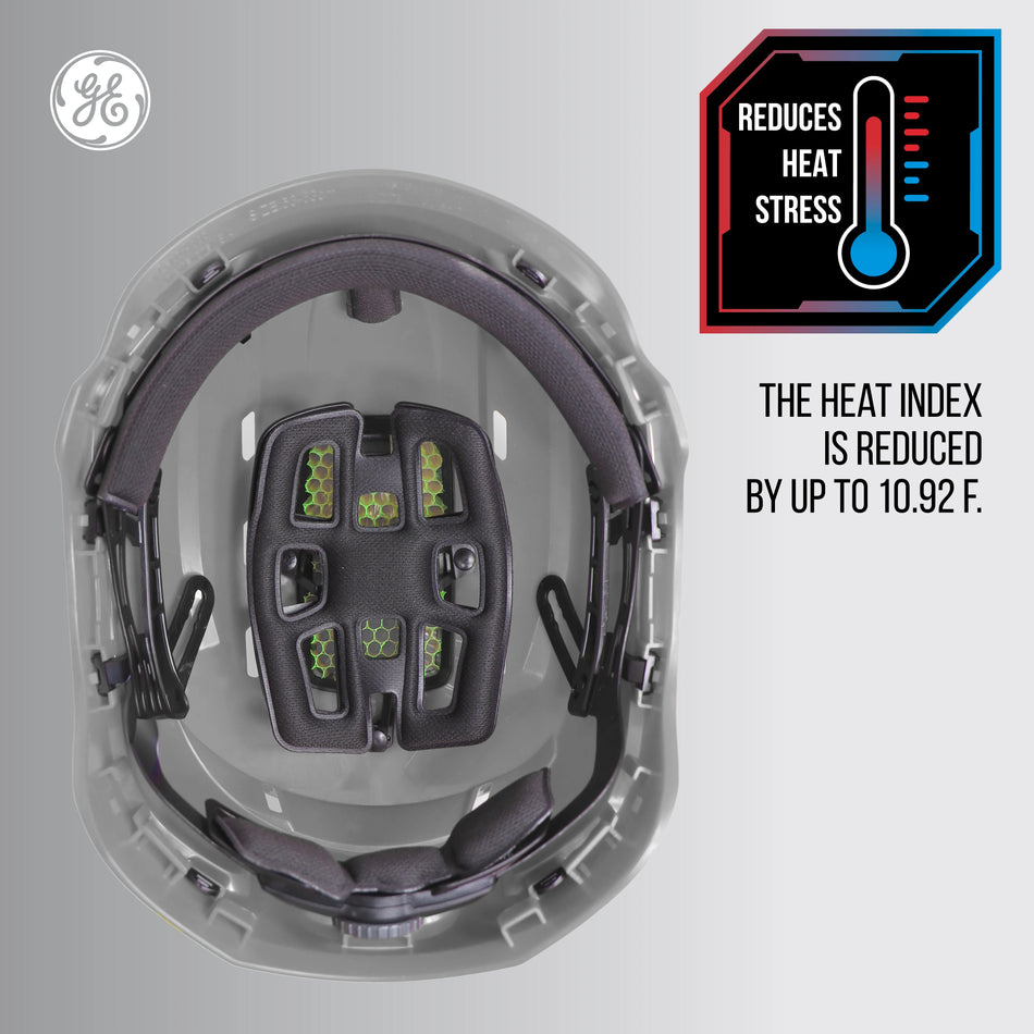 gray, Vented | top-down interior view with ventilation details | Vented Type 1 Safety Helmet with Koroyd — GE PPE GH400, ANSI Z89.1-2014 Class C | GH400G