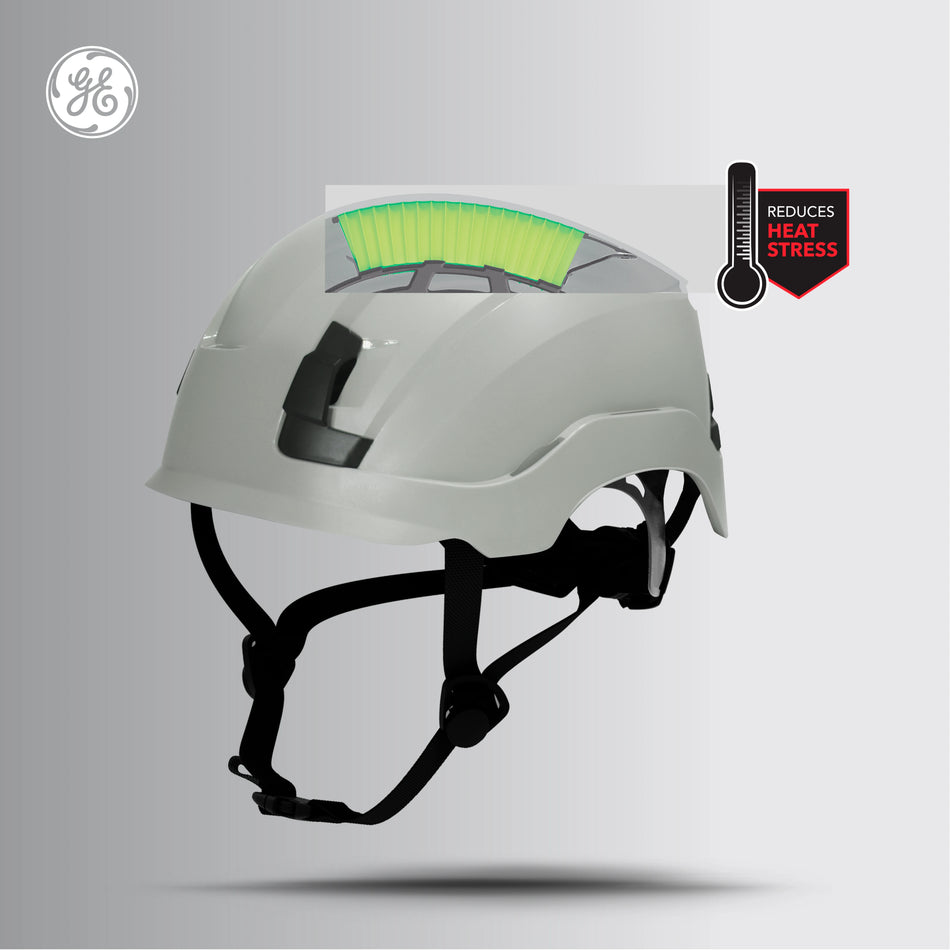 gray, Vented | three-quarter front view with ventilation highlighted | Vented Type 1 Safety Helmet with Koroyd — GE PPE GH400, ANSI Z89.1-2014 Class C | GH400G