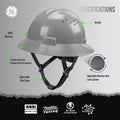 gray | front view with labeled specifications highlighted | Vented Full Brim Hard Hat — GE PPE GH328, ANSI Z89.1-2014 Type 1 Class C | GH328G