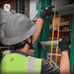gray | model wearing hard hat on construction site | Vented Full Brim Hard Hat — GE PPE GH328, ANSI Z89.1-2014 Type 1 Class C | GH328G
