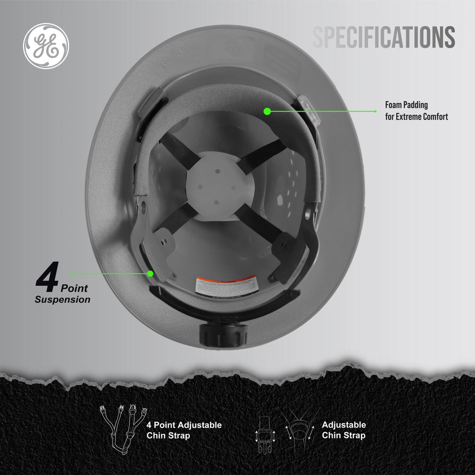 gray | interior top-down view with specifications labeled | Vented Full Brim Hard Hat — GE PPE GH328, ANSI Z89.1-2014 Type 1 Class C | GH328G