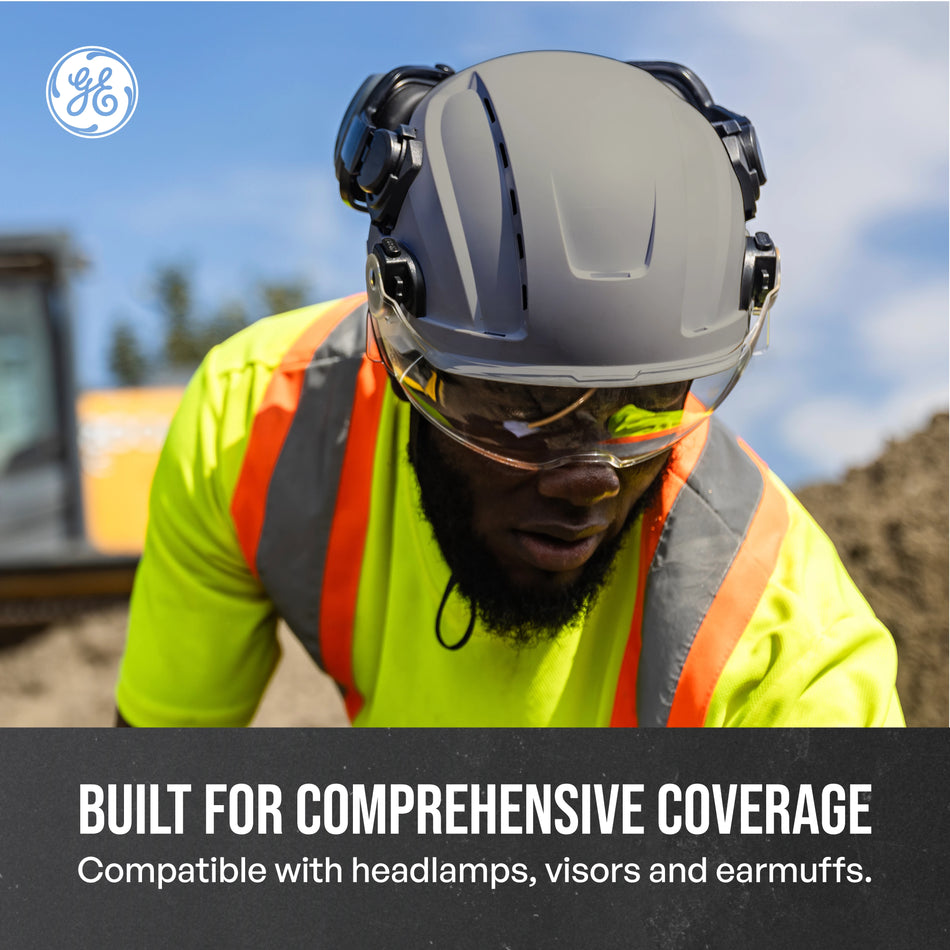 gray, Vented | side view and interior ventilation system | Vented Type 2 Safety Helmet with Koroyd — GE PPE GH500, ANSI Z89.1 Class C | GH500G