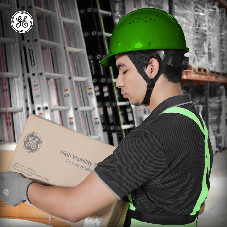 green | worker wearing hard hat in industrial setting | Vented Cap Style Hard Hat — GE PPE GH326, ANSI Z89.1-2014 Type 1 Class C | GH326N