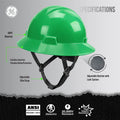 green | front view with labeled specifications and features | Full Brim Hard Hat — GE PPE GH329, ANSI Z89.1-2014 Type 1 Class E Dielectric | GH329N