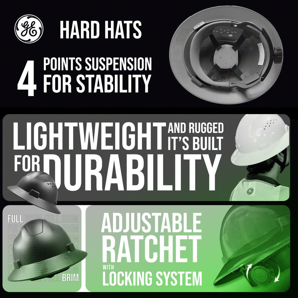 green | interior suspension system and brim details | Full Brim Hard Hat — GE PPE GH329, ANSI Z89.1-2014 Type 1 Class E Dielectric | GH329N