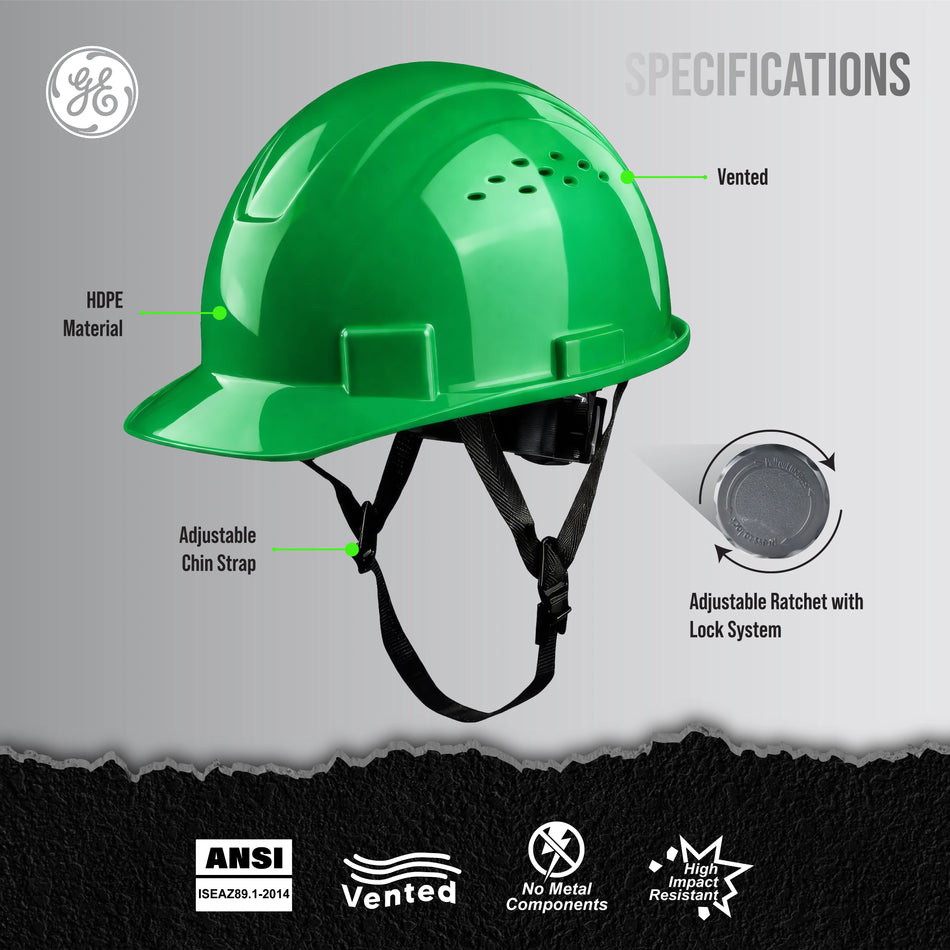 green | labeled specifications diagram of safety helmet | Vented Cap Style Hard Hat — GE PPE GH326, ANSI Z89.1-2014 Type 1 Class C | GH326N