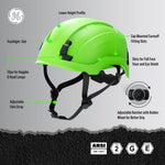 green, Non-Vented | labeled product features diagram view | Non-Vented Type 2 Safety Helmet with Koroyd — GE PPE GH501, ANSI Z89.1-2014 Class E & G | GH501GN