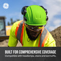 green, Non-Vented | model wearing helmet outdoors construction site | Non-Vented Type 2 Safety Helmet with Koroyd — GE PPE GH501, ANSI Z89.1-2014 Class E & G | GH501GN