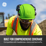 green, Non-Vented | model wearing helmet outdoors construction site | Non-Vented Type 2 Safety Helmet with Koroyd — GE PPE GH501, ANSI Z89.1-2014 Class E & G | GH501GN