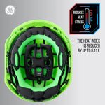 green, Non-Vented | top-down interior view of helmet | Non-Vented Type 2 Safety Helmet with Koroyd — GE PPE GH501, ANSI Z89.1-2014 Class E & G | GH501GN