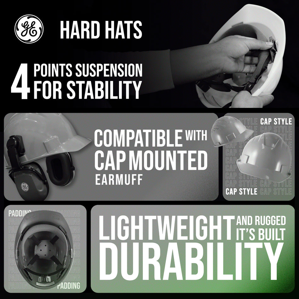 green | product features and suspension system closeup | Vented Cap Style Hard Hat — GE PPE GH326, ANSI Z89.1-2014 Type 1 Class C | GH326N