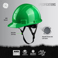 green | side angle showing safety features labeled | Cap Style Hard Hat — GE PPE GH327, ANSI Z89.1-2014 Type 1 Class E Dielectric | GH327N