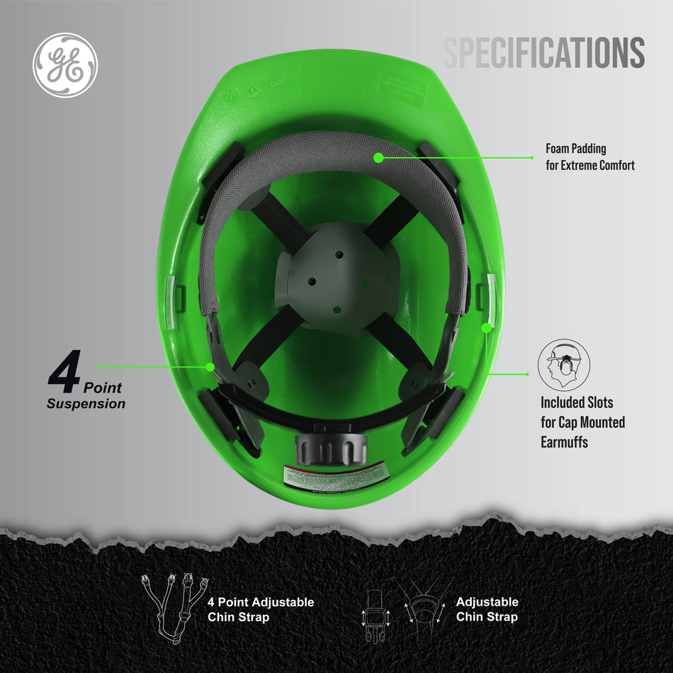 green | top-down interior view showing suspension system | Cap Style Hard Hat — GE PPE GH327, ANSI Z89.1-2014 Type 1 Class E Dielectric | GH327N