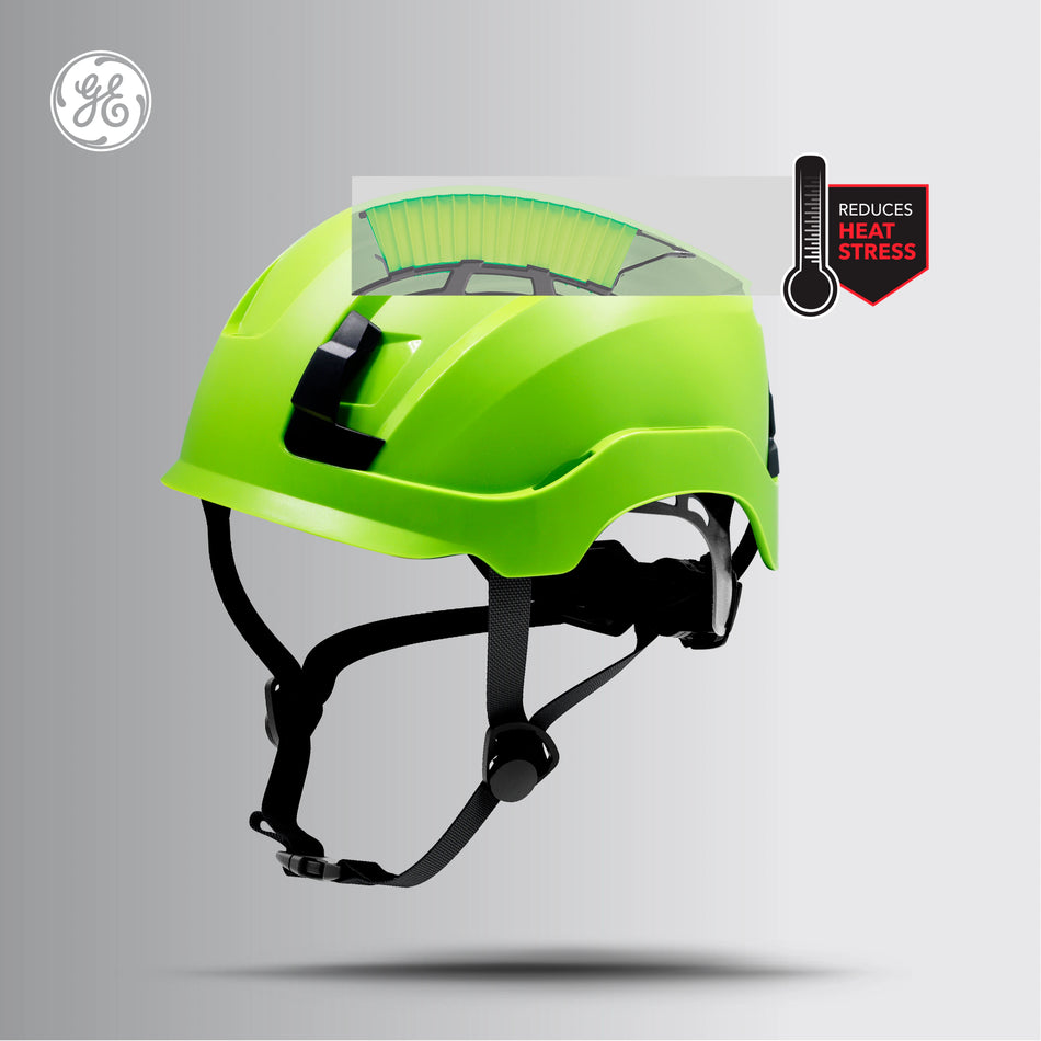 green, Vented | three-quarter angle showing ventilation feature | Vented Type 1 Safety Helmet with Koroyd — GE PPE GH400, ANSI Z89.1-2014 Class C | GH400GN