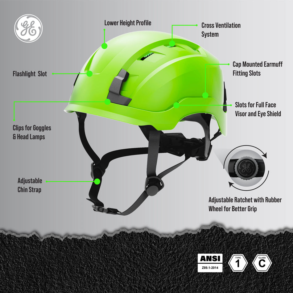green, Vented | detailed side view with labeled features | Vented Type 1 Safety Helmet with Koroyd — GE PPE GH400, ANSI Z89.1-2014 Class C | GH400GN