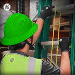 green | worker wearing hard hat on construction site | Vented Full Brim Hard Hat — GE PPE GH328, ANSI Z89.1-2014 Type 1 Class C | GH328N