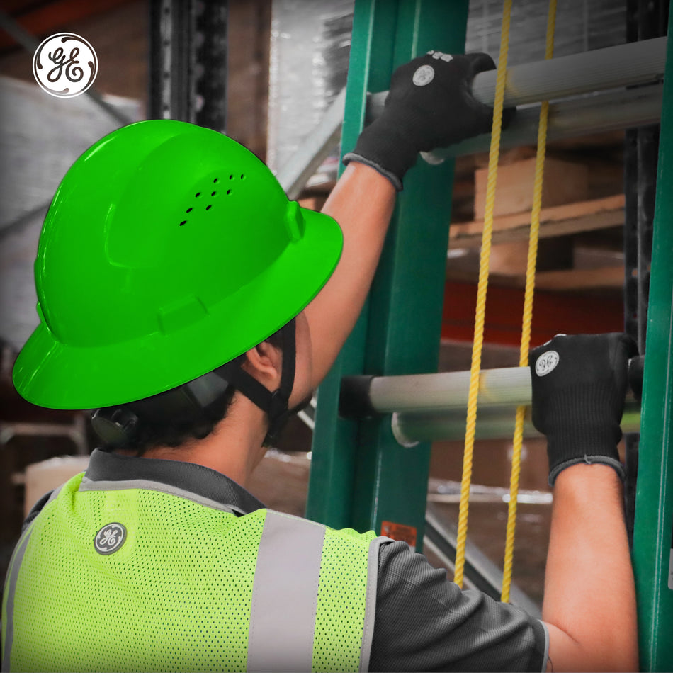green | worker wearing hard hat on construction site | Vented Full Brim Hard Hat — GE PPE GH328, ANSI Z89.1-2014 Type 1 Class C | GH328N