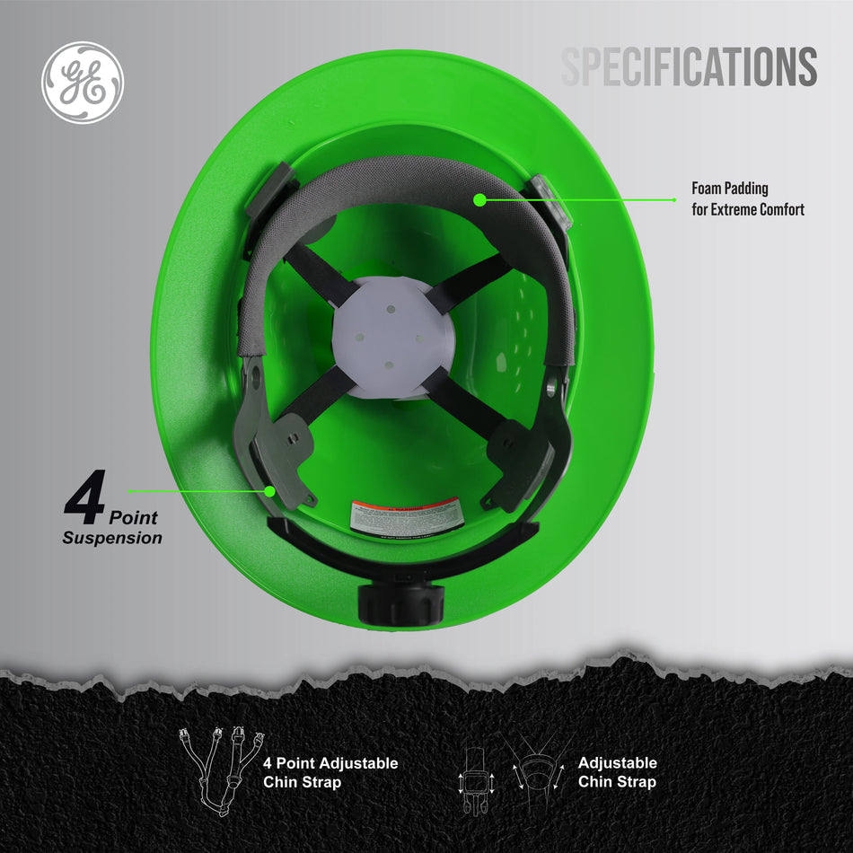 green | top-down interior view with specifications | Vented Full Brim Hard Hat — GE PPE GH328, ANSI Z89.1-2014 Type 1 Class C | GH328N