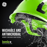 green, Vented | helmet with water splashing action shot | Vented Type 1 Safety Helmet with Koroyd — GE PPE GH400, ANSI Z89.1-2014 Class C | GH400GN
