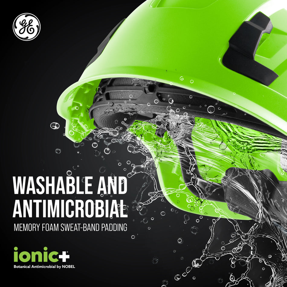 green, Vented | helmet with water splashing action shot | Vented Type 1 Safety Helmet with Koroyd — GE PPE GH400, ANSI Z89.1-2014 Class C | GH400GN