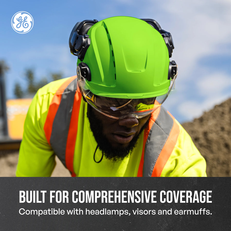 green, Vented | model wearing helmet on construction site | Vented Type 2 Safety Helmet with Koroyd — GE PPE GH500, ANSI Z89.1 Class C | GH500GN