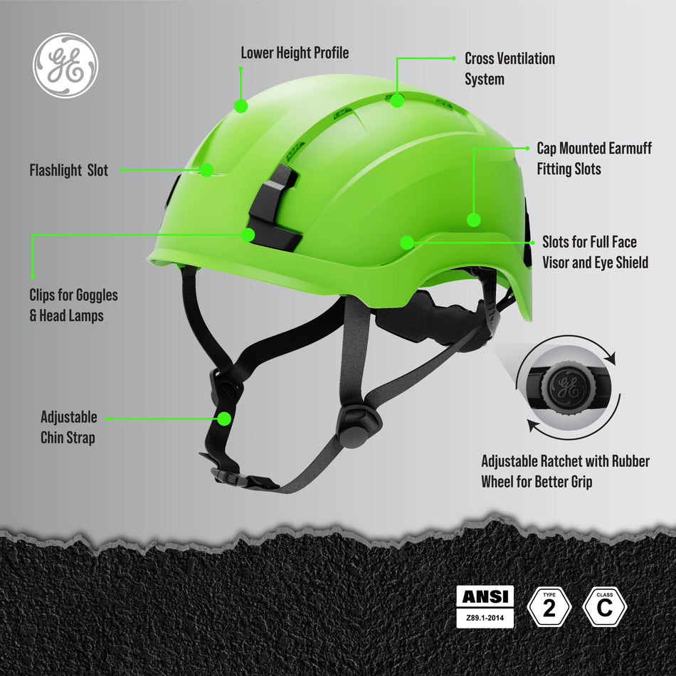 green, Vented | side angle with labeled feature callouts | Vented Type 2 Safety Helmet with Koroyd — GE PPE GH500, ANSI Z89.1 Class C | GH500GN