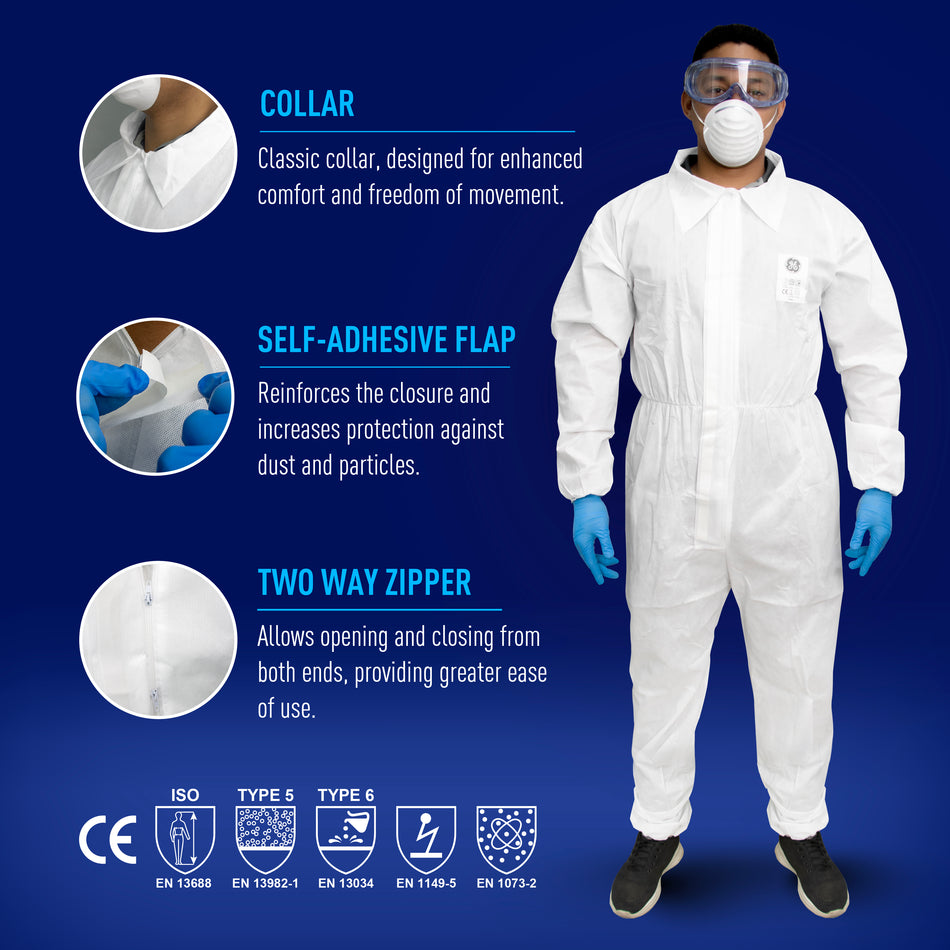 GE SMS protective coverall showing collar, self-adhesive flap, and two-way zipper for industrial protection, SKU GW900
