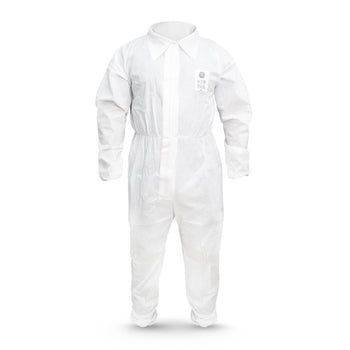 GE SMS protective coverall front view with Type 5 and Type 6 protection, 50 GSM liquid-repellent fabric, SKU GW900.