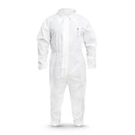 GE SMS protective coverall front view with Type 5 and Type 6 protection, 50 GSM liquid-repellent fabric, SKU GW900.