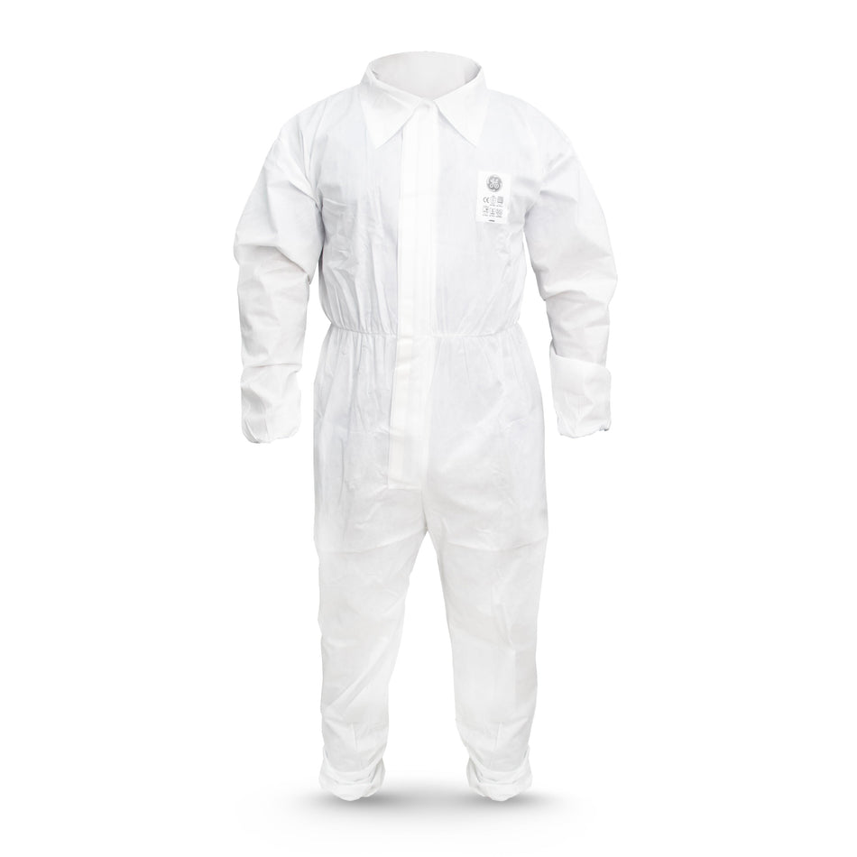 GE SMS protective coverall front view with Type 5 and Type 6 protection, 50 GSM liquid-repellent fabric, SKU GW900.