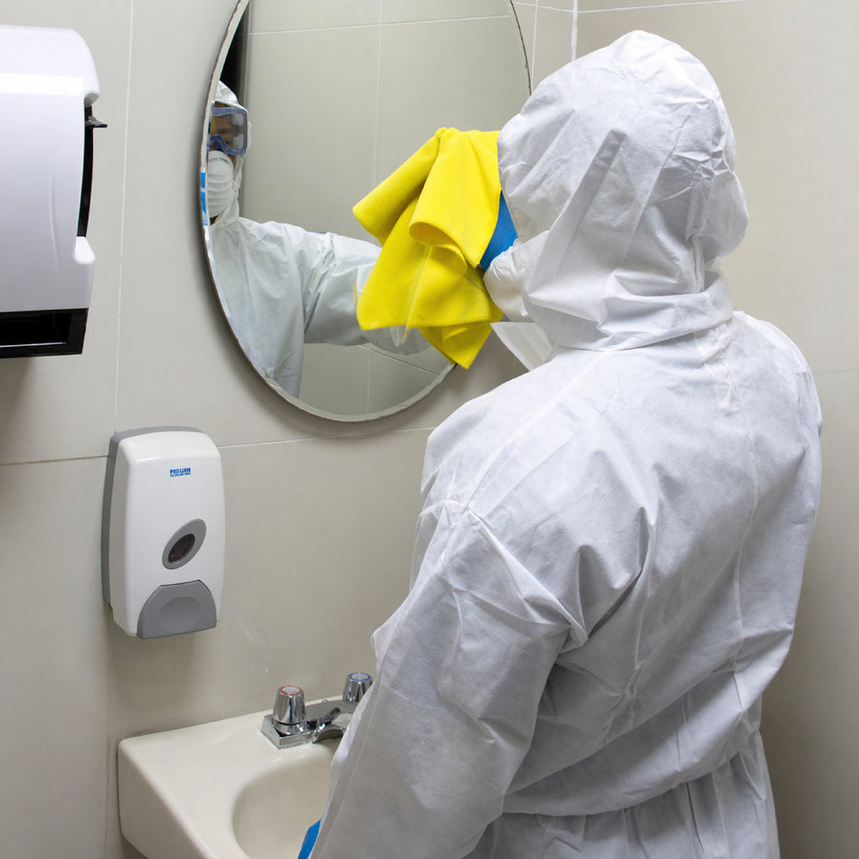 GE SMS protective coverall with hood used for cleaning applications, offering lightweight liquid-repellent protection, SKU GW901.