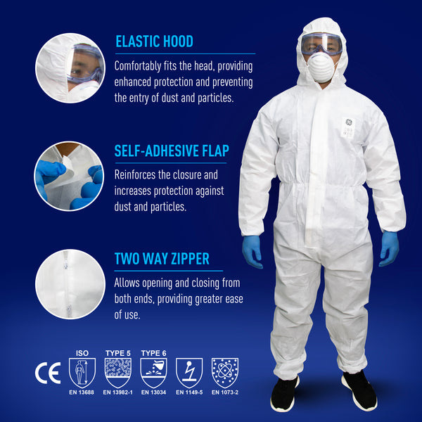 GE SMS protective coverall with elastic hood, self-adhesive flap, and two-way zipper for particle and light splash protection, SKU GW901.
